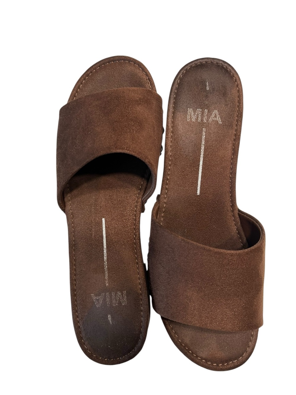 MIA Brown Faux Suede Sandals with Block Heel and Studded Detail - Size 7 - Picture 3 of 6